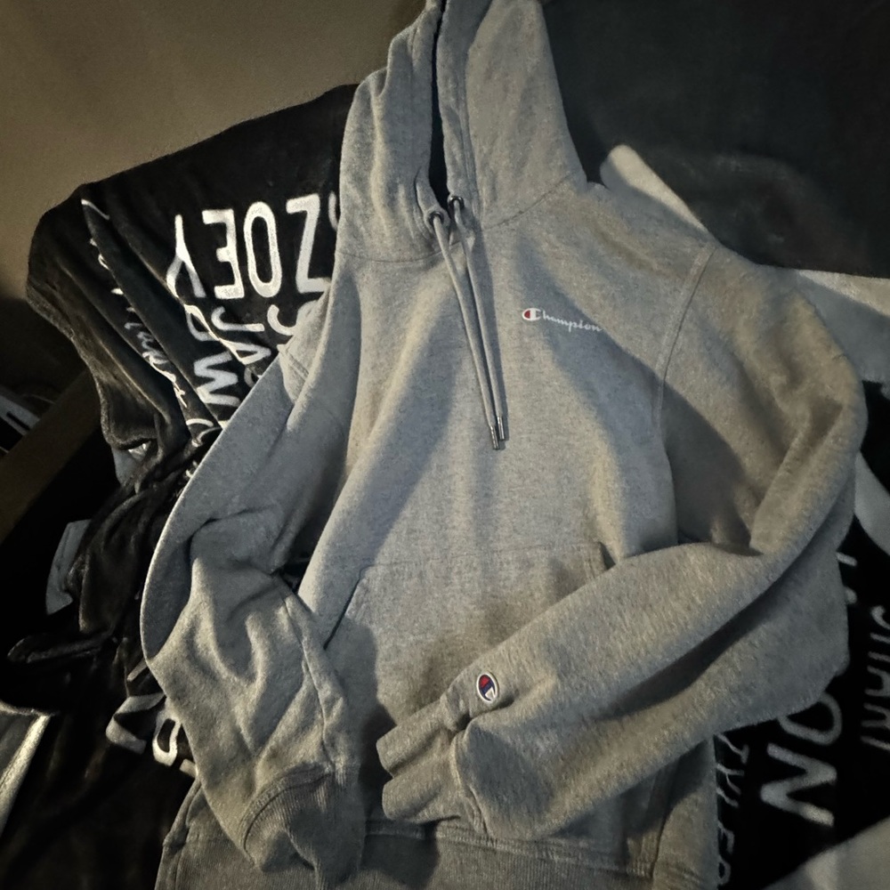 Champion Black and Gray Hoodie with Red and Blue Accents